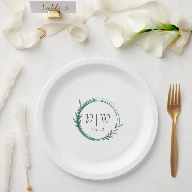 Emerald Green Simple Wreath Monogram Wedding Paper Plate (Wedding)