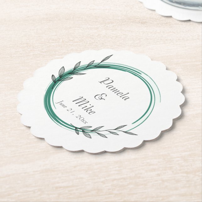 Emerald Green Simple Wreath Wedding Paper Coaster (Angled)