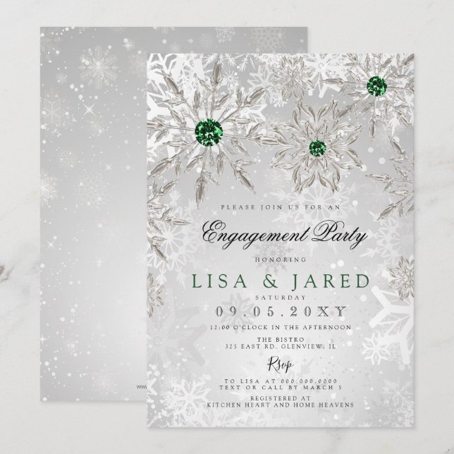 Emerald Green Snowflakes Winter Engagement Party Invitation (Front/Back)
