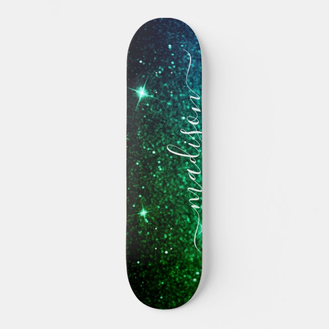 Emerald Green Sparkle Glitter Personalized Skateboard (Front)