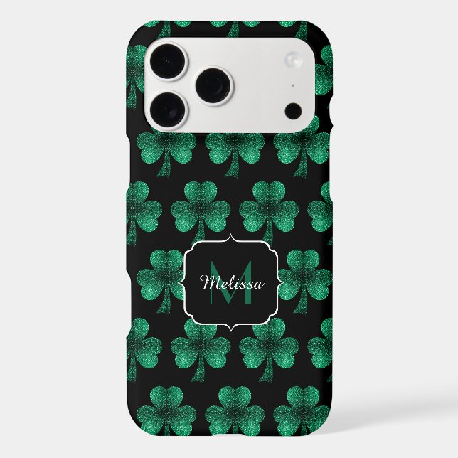 Emerald Green Sparkle Shamrock black Monogram (Back)