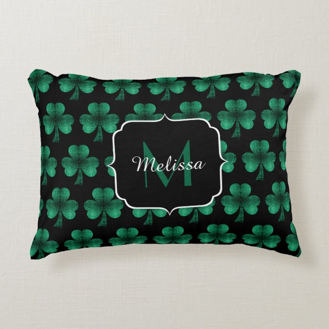 Emerald Green Sparkle Shamrock black Monogram Accent Pillow (Front)
