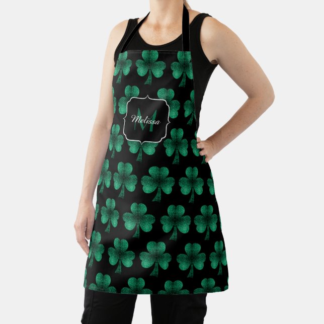 Emerald Green Sparkle Shamrock black Monogram Apron (Insitu)