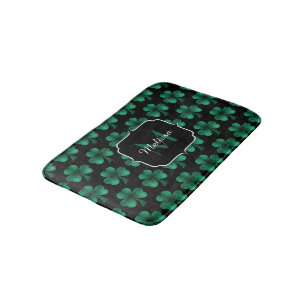 Emerald Green Sparkle Shamrock black Monogram Bath Mat
