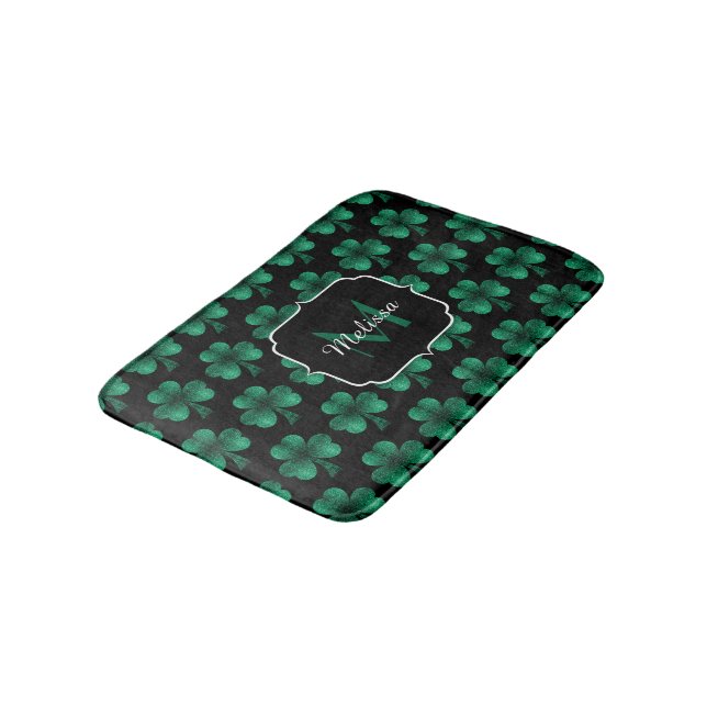 Emerald Green Sparkle Shamrock black Monogram Bath Mat (Angled)