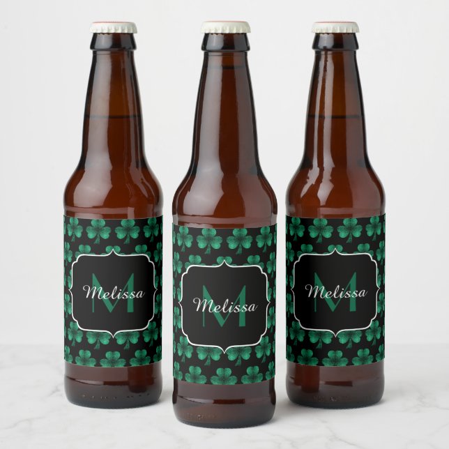 Emerald Green Sparkle Shamrock black Monogram Beer Bottle Label (Bottles)