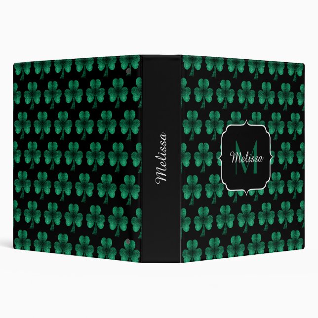 Emerald Green Sparkle Shamrock black Monogram Binder (Background)