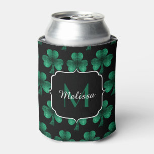 Emerald Green Sparkle Shamrock black Monogram Can Cooler