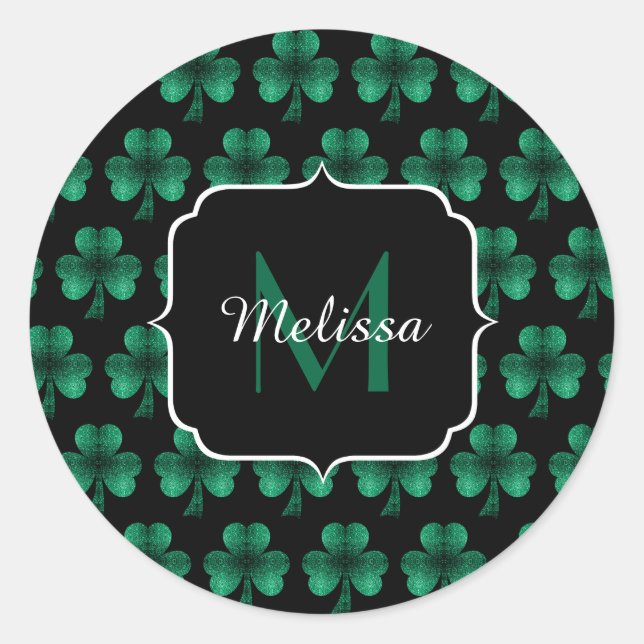 Emerald Green Sparkle Shamrock black Monogram Classic Round Sticker (Front)