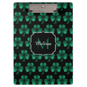 Emerald Green Sparkle Shamrock black Monogram Clipboard