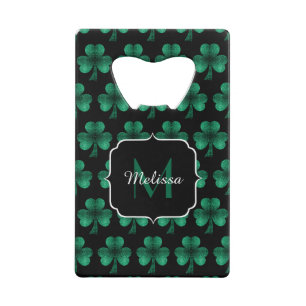 Emerald Green Sparkle Shamrock black Monogram Credit Card Bottle Opener