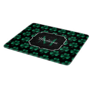 Emerald Green Sparkle Shamrock black Monogram Cutting Board