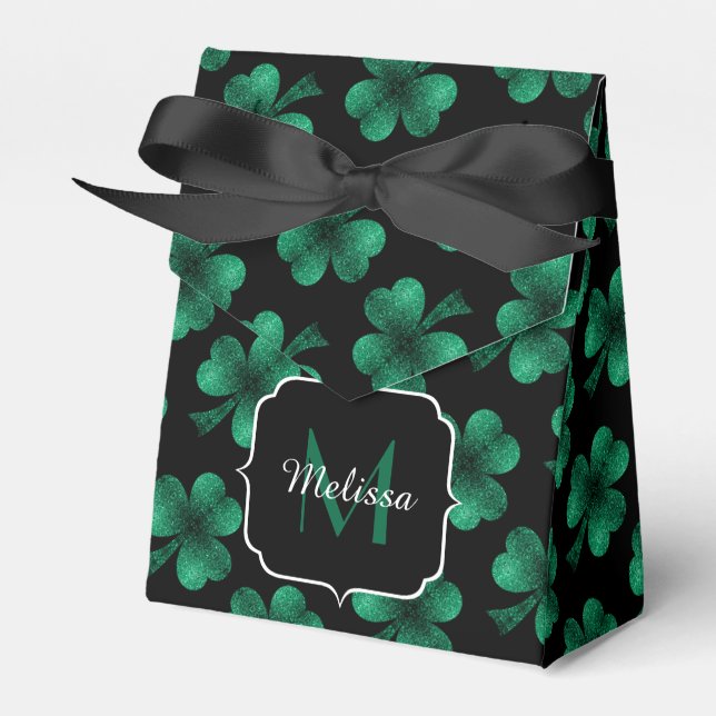 Emerald Green Sparkle Shamrock black Monogram Favor Box (Front Side)