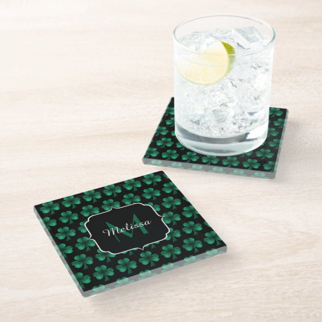 Emerald Green Sparkle Shamrock black Monogram Glass Coaster (Angled)