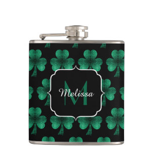 Emerald Green Sparkle Shamrock black Monogram Hip Flask