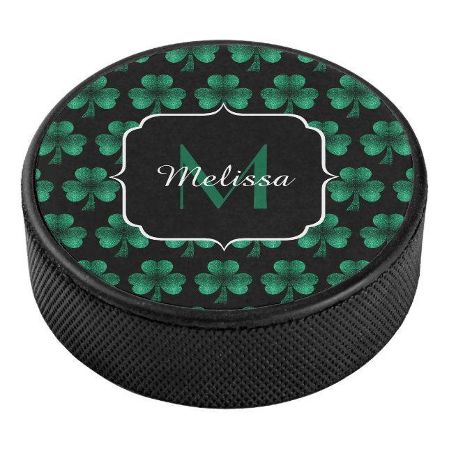 Emerald Green Sparkle Shamrock black Monogram Hockey Puck (3/4)