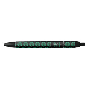 Emerald Green Sparkle Shamrock black Monogram Ink Pen