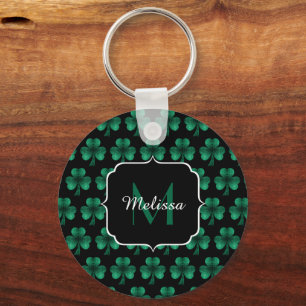 Emerald Green Sparkle Shamrock black Monogram Keychain