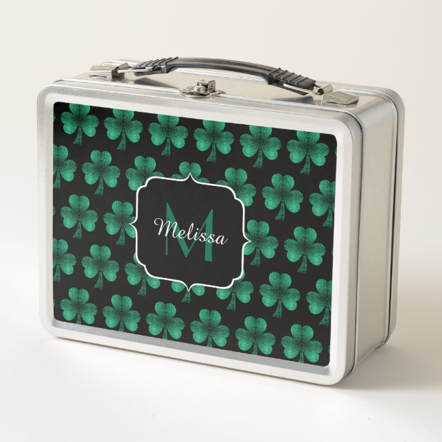Emerald Green Sparkle Shamrock black Monogram Metal Lunch Box (Front)
