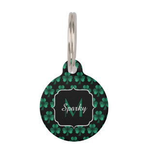 Emerald Green Sparkle Shamrock black Monogram Pet Tag