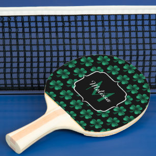Emerald Green Sparkle Shamrock black Monogram Ping Pong Paddle