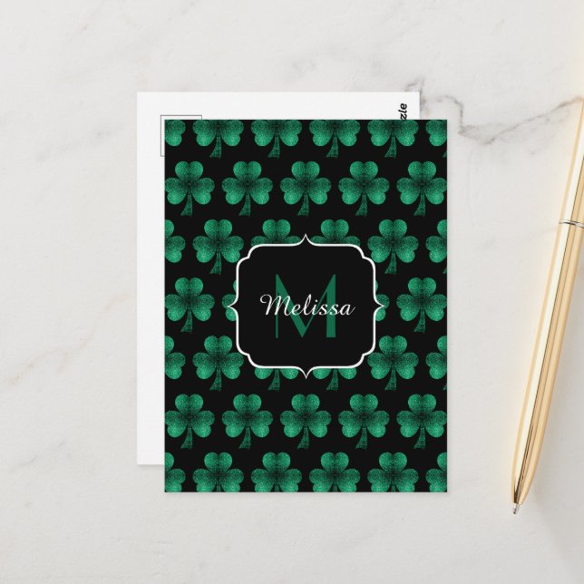 Emerald Green Sparkle Shamrock black Monogram Postcard (Front/Back In Situ)