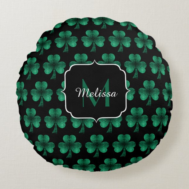Emerald Green Sparkle Shamrock black Monogram Round Pillow (Front)