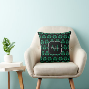 Emerald Green Sparkle Shamrock black Monogram Throw Pillow