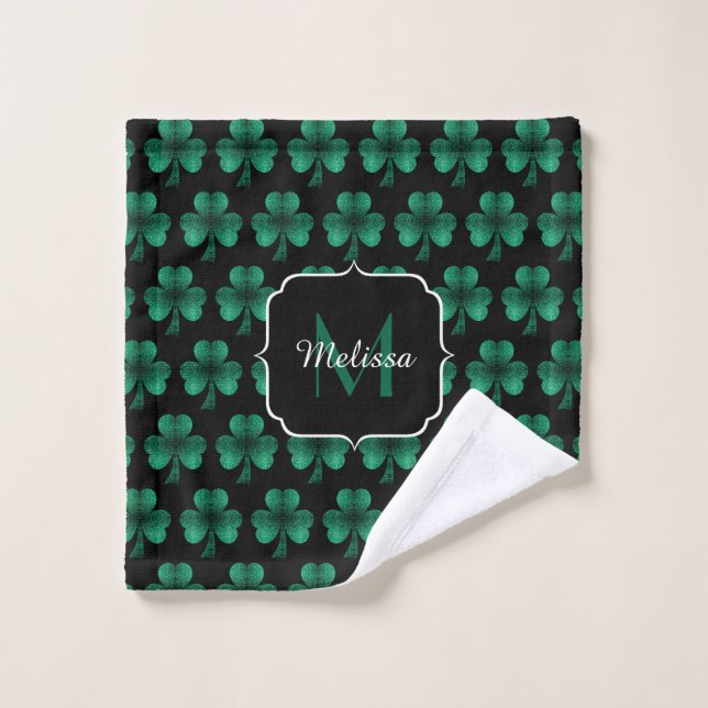 Emerald Green Sparkle Shamrock black Monogram Wash Cloth (Wash Cloth)