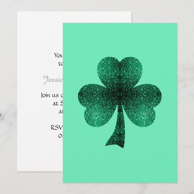 Emerald Green Sparkles Shamrock Clover Invitation (Front/Back)