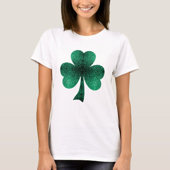 Emerald Green Sparkles Shamrock Clover St Pat Day T-Shirt (Front)