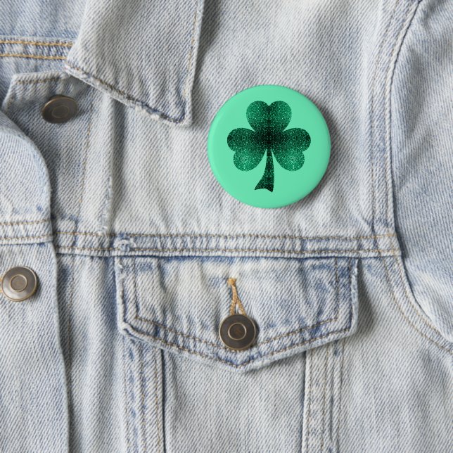 Emerald Green Sparkles Shamrock Clover turquoise 2 Inch Round Button (In Situ)