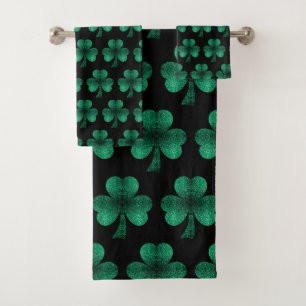 Emerald Green Sparkles Shamrock pattern black Bath Towel Set