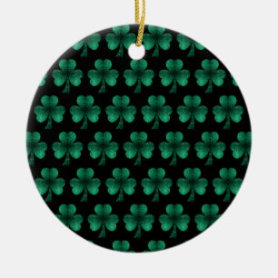 Emerald Green Sparkles Shamrock pattern black Ceramic Ornament