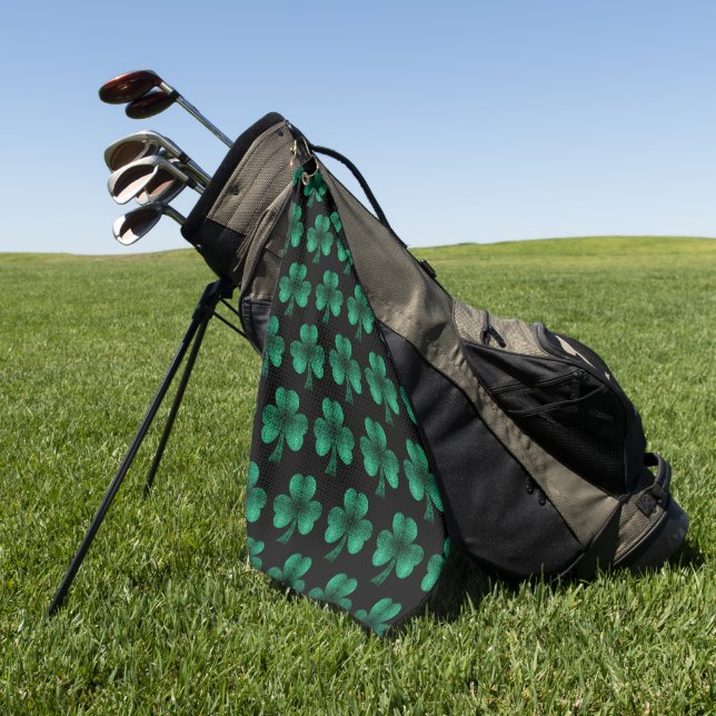 Emerald Green Sparkles Shamrock pattern black Golf Towel (Green)