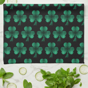 Emerald Green Sparkles Shamrock pattern black Kitchen Towel