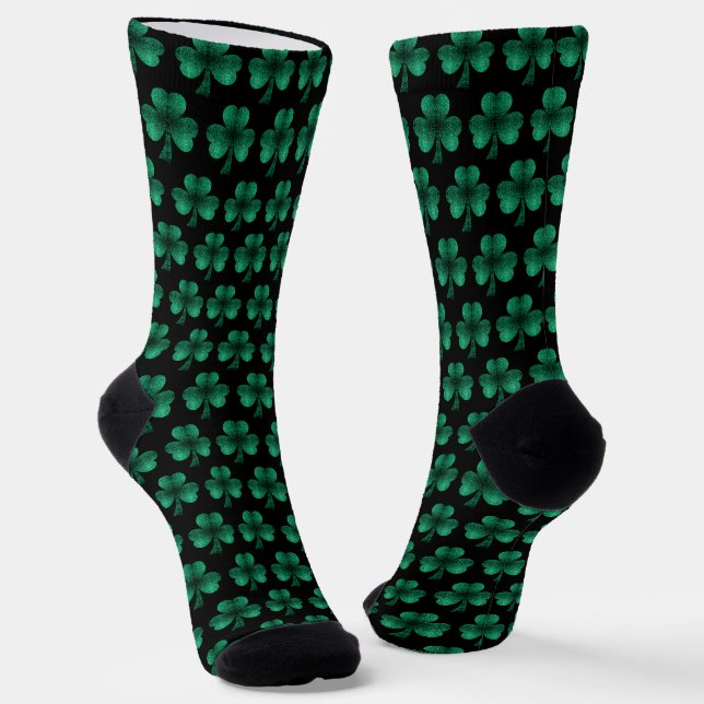 Emerald Green Sparkles Shamrock pattern black Socks (Angled)