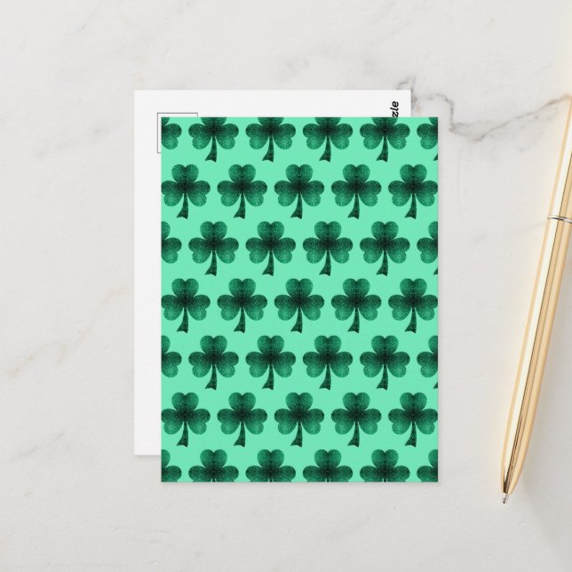 Emerald Green Sparkles Shamrock pattern turquoise  Postcard (Front/Back In Situ)