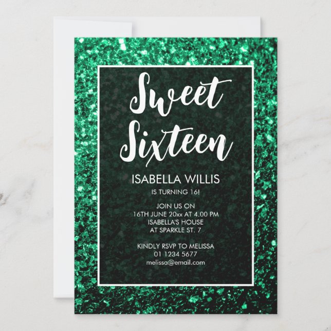 Emerald green sparkles Sweet 16 elegant script Invitation (Front)