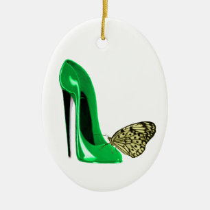Emerald Green Stiletto Shoe and Yellow Butterfly O Ceramic Ornament
