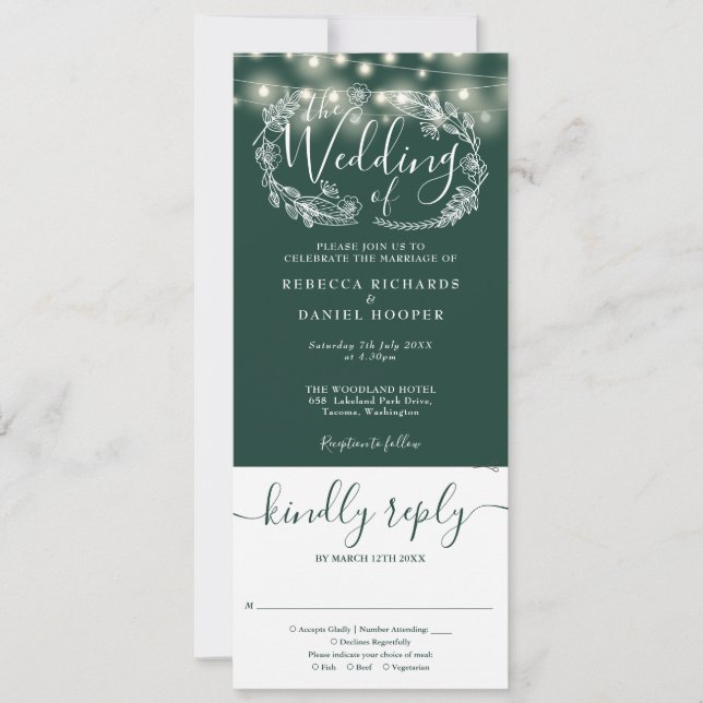 Emerald Green String Lights All In One Wedding Invitation (Front)