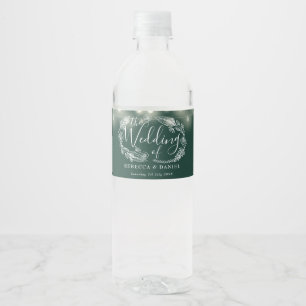 Emerald Green String Lights Floral Wedding Water Bottle Label