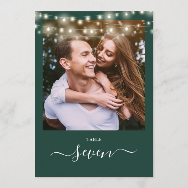 Emerald Green String Lights Photo Table Number (Front)