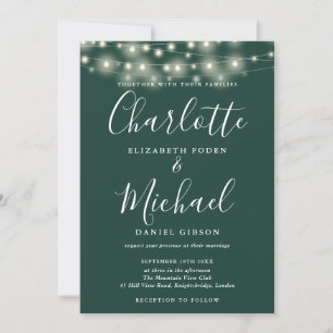 Emerald Green String Lights Script Photo Wedding Invitation