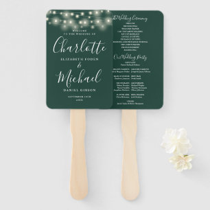 Emerald Green String Lights Script Wedding Program Hand Fan