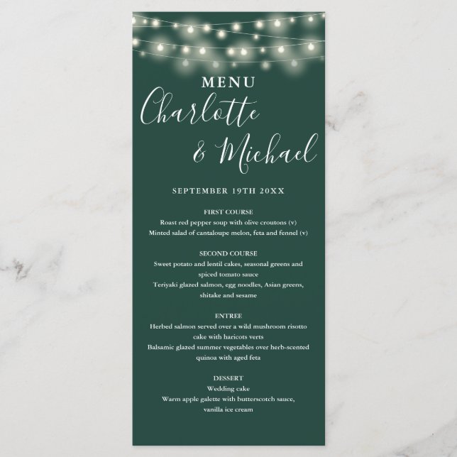 Emerald Green String Lights Signature Wedding Menu (Front)