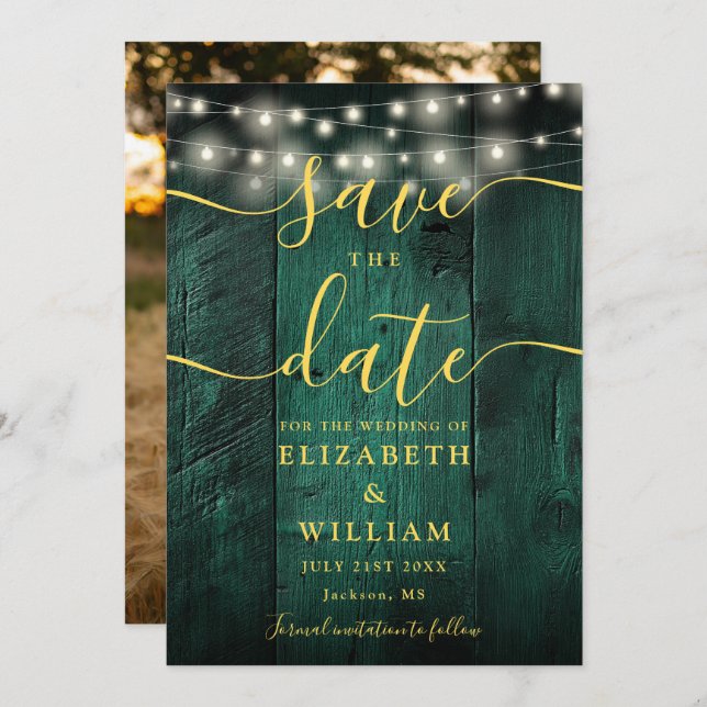 Emerald Green String Lights Wood Photo Wedding  Save The Date (Front/Back)