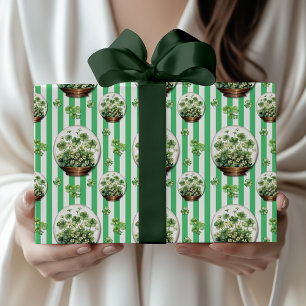 Emerald Green Striped Cute Clover St. Patrick Day Wrapping Paper