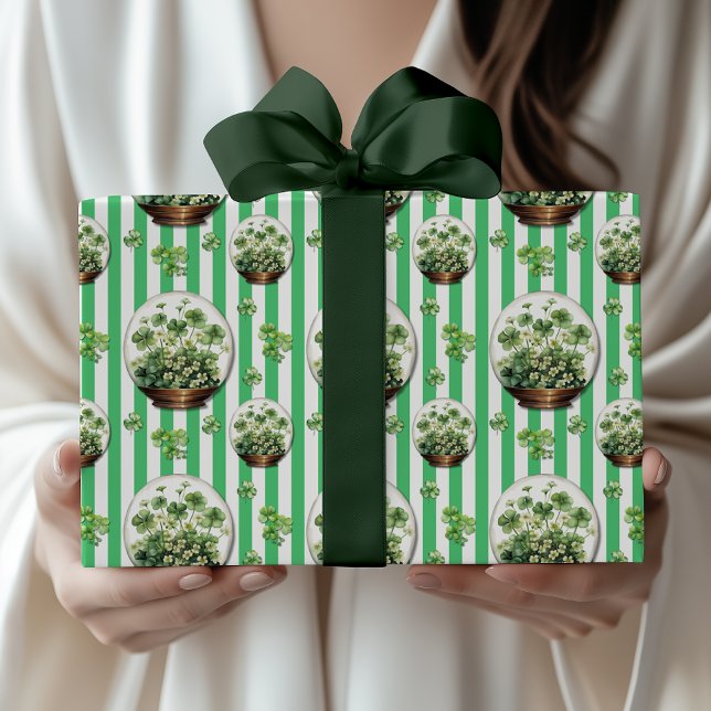 Emerald Green Striped Cute Clover St. Patrick Day Wrapping Paper (Creator Uploaded)