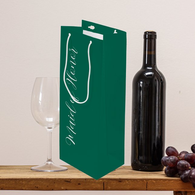 Emerald Green Stylized Script Maid of Honour Wine Gift Bag (In Situ)